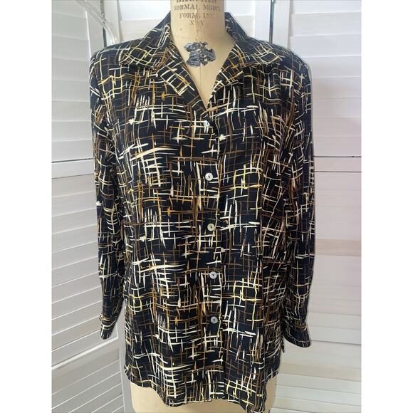Vintage 80s Impressions Women’s Button Front Top Blouse Black Brown Cream Medium - Picture 1 of 5